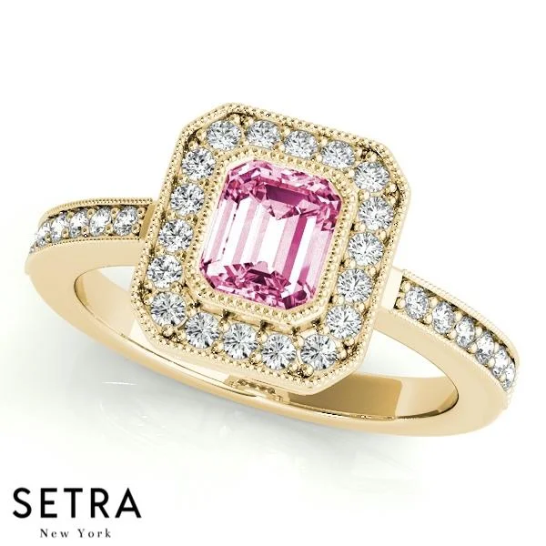 GEMSTONE ENGAGEMENT HALO RING DIAMOND & PINK SAPPHIRE 14K GOLD RING