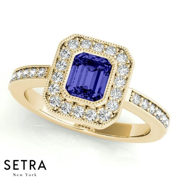 GEM STONE ENGAGEMENT HALO RING DIAMOND & SAPPHIRE 14K GOLD RING