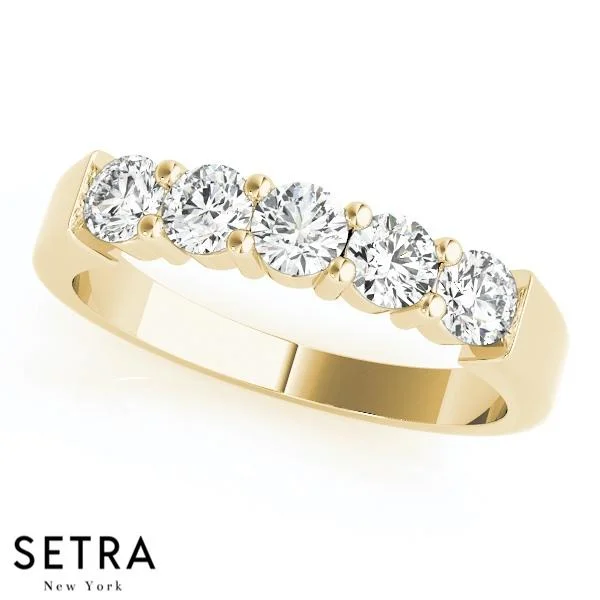 NEW 5 STONE ROUND CUT DIAMONDS WITH PRONG SET BAND 14K GOLD RING