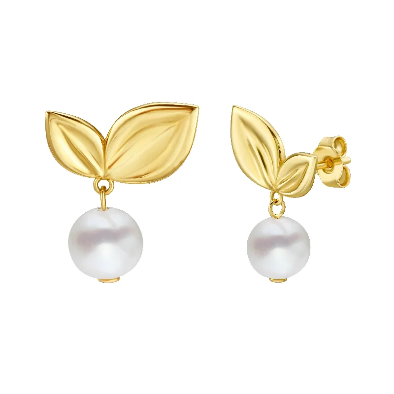 14K Cherry Leaf & Pearl Drop Studs