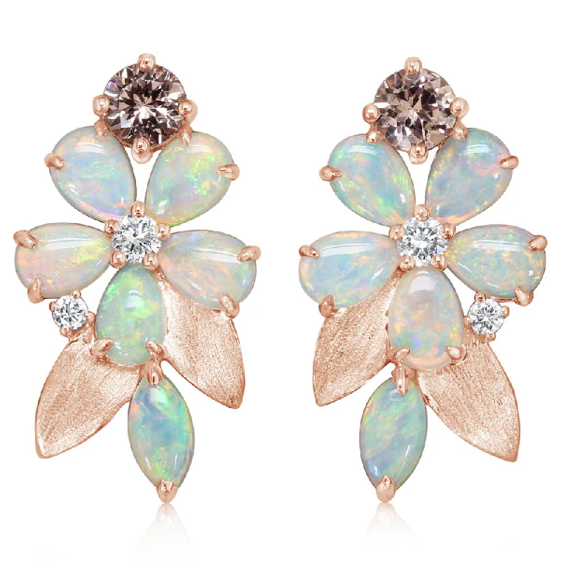 14K Rose Gold Australian Opal/Lotus Garnet/Diamond Flower Earrings