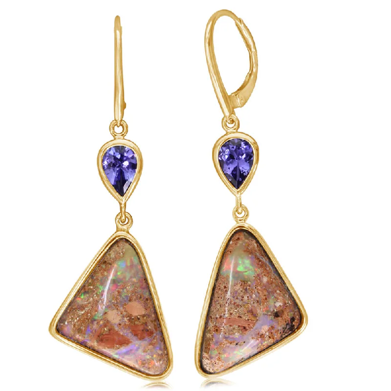 14K White Gold Australian Boulder Opal/Tanzanite Earrings