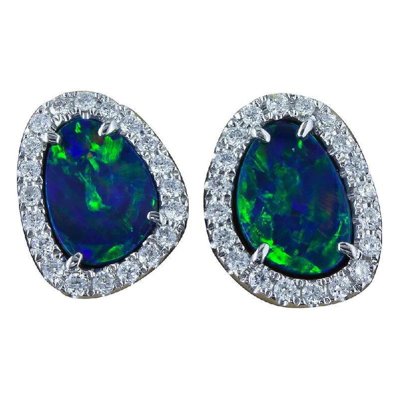 14K White Gold Australian Opal Doublet/Diamond Earrings