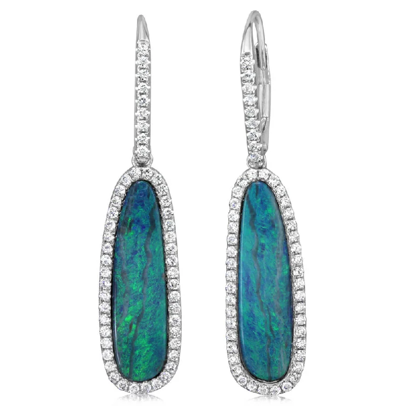 14K White Gold Australian Opal Doublet/Diamond Earrings