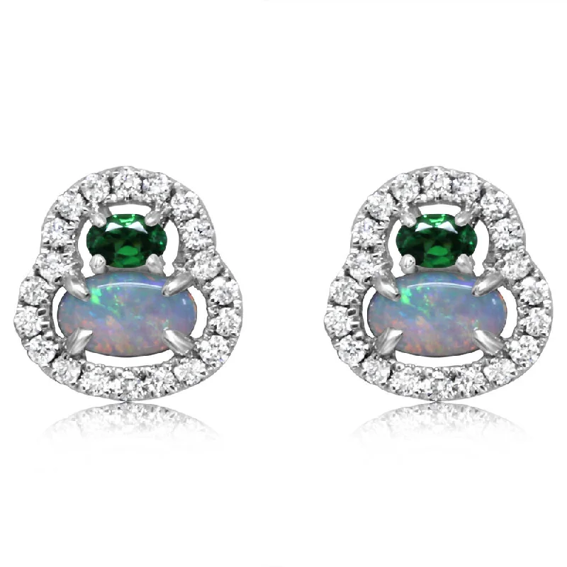 14K White Gold Australian Opal/Tsavorite/Diamond Earrings