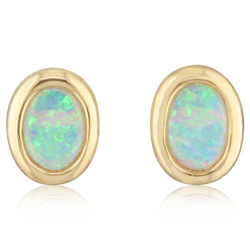 14K Yellow Gold 8x6 Oval Australian Opal Earrings