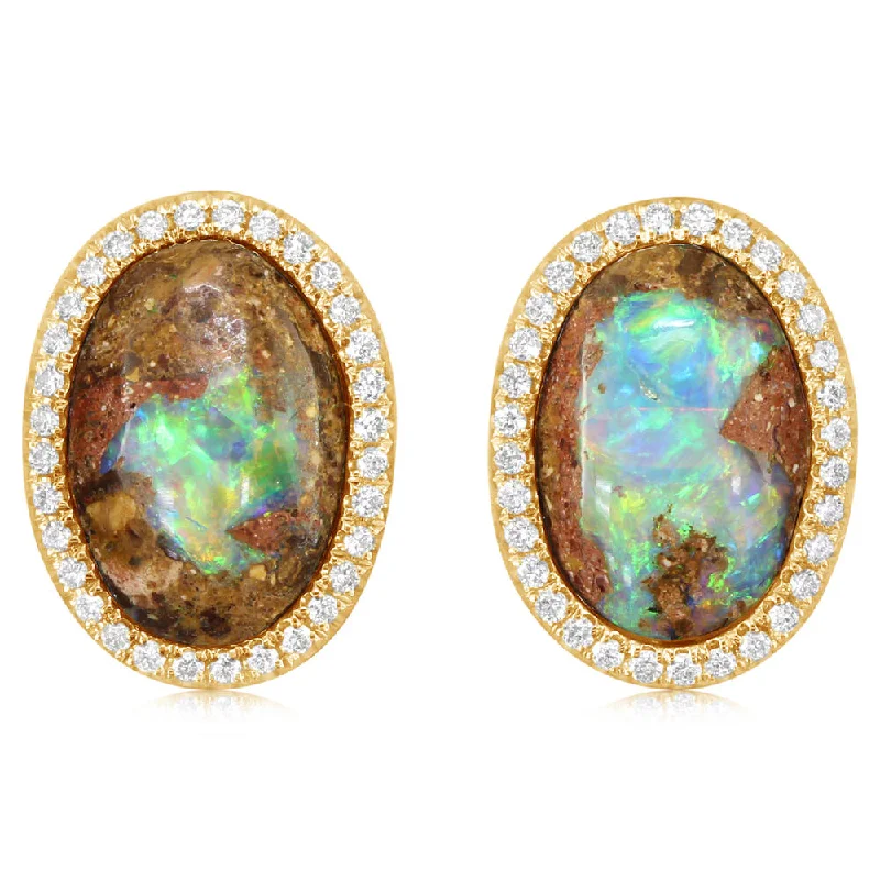 14K Yellow Gold Australian Boulder Opal/Diamond Earrings