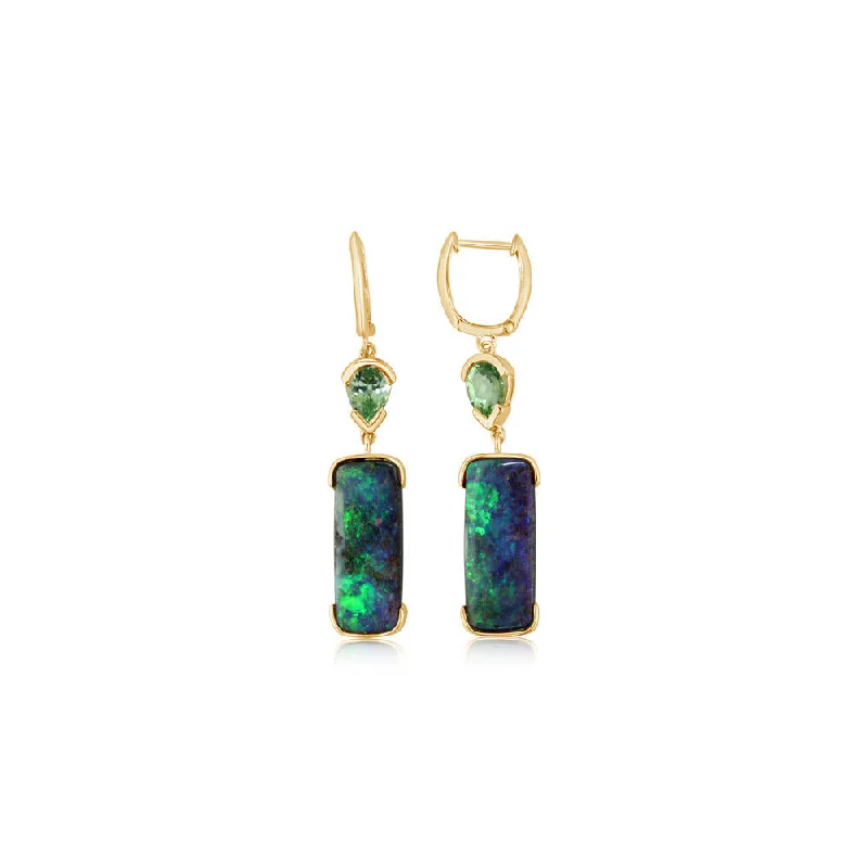 14K Yellow Gold Australian Boulder Opal/Mint Garnet Earrings