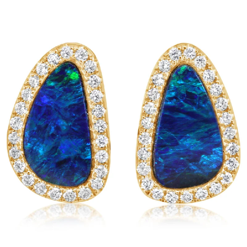 14K Yellow Gold Australian Opal Doublet/Diamond Earrings