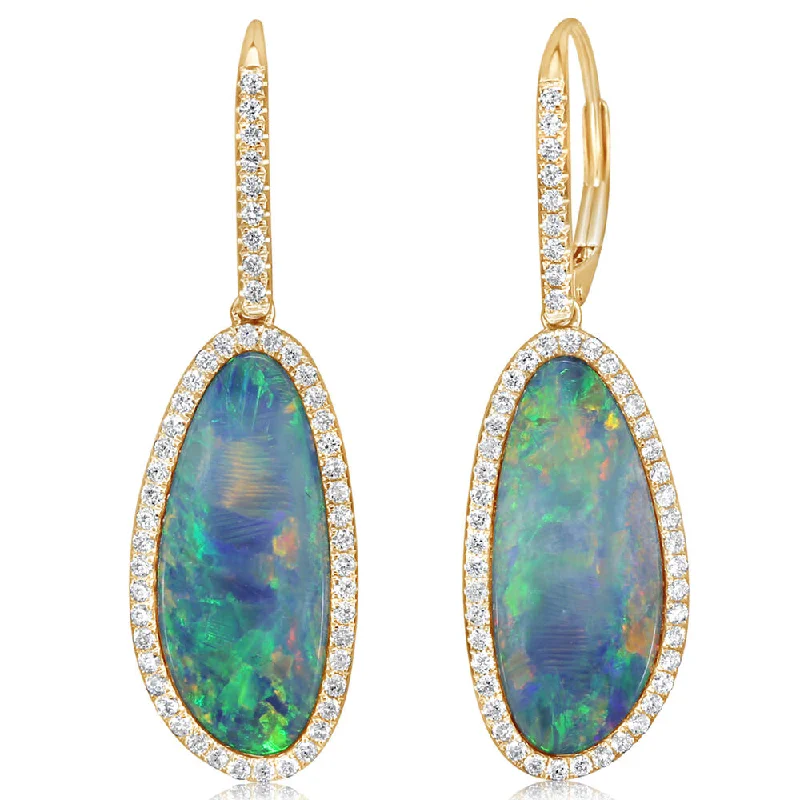 14K Yellow Gold Australian Opal Doublet/Diamond Earrings