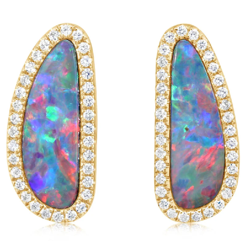 14K Yellow Gold Australian Opal Doublet/Diamond Earrings