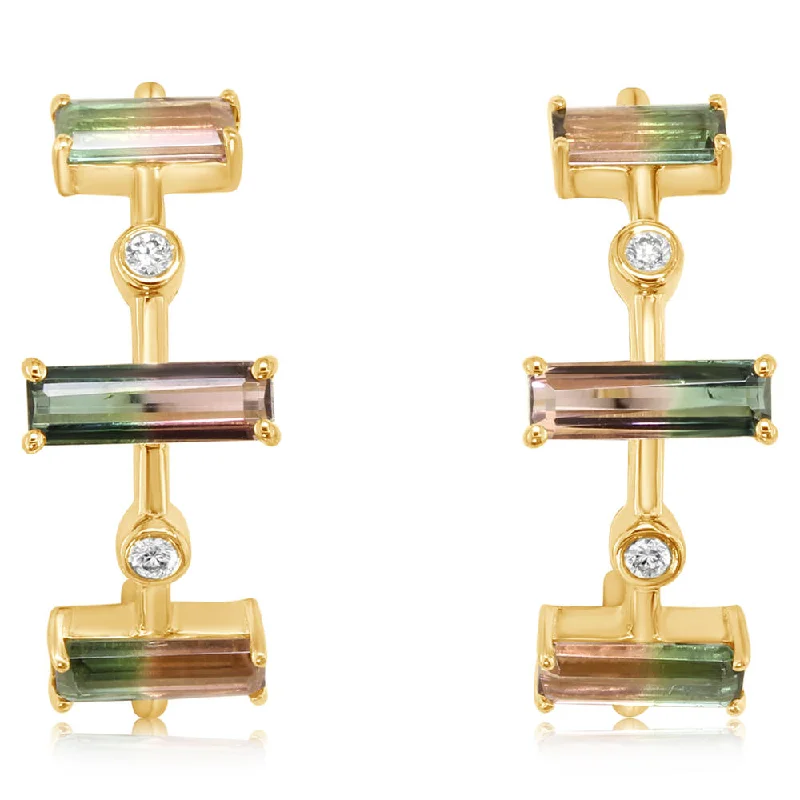 14K Yellow Gold Bi-Color Tourmaline/Diamond Earrings