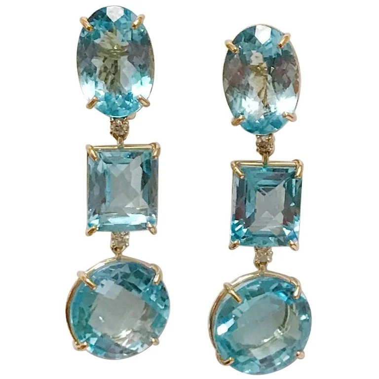 18kt Yellow Gold Three Drop Earring with Blue Topaz and Diamond