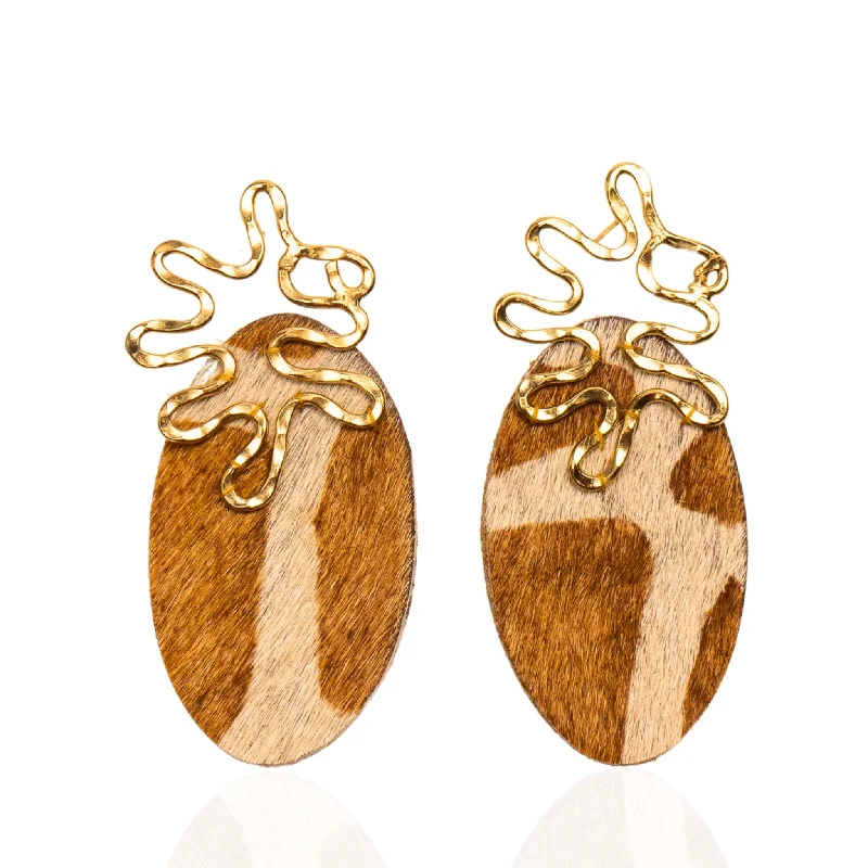 Asili Leather Mohair Statement Earrings - Giraffe/Wired Gold