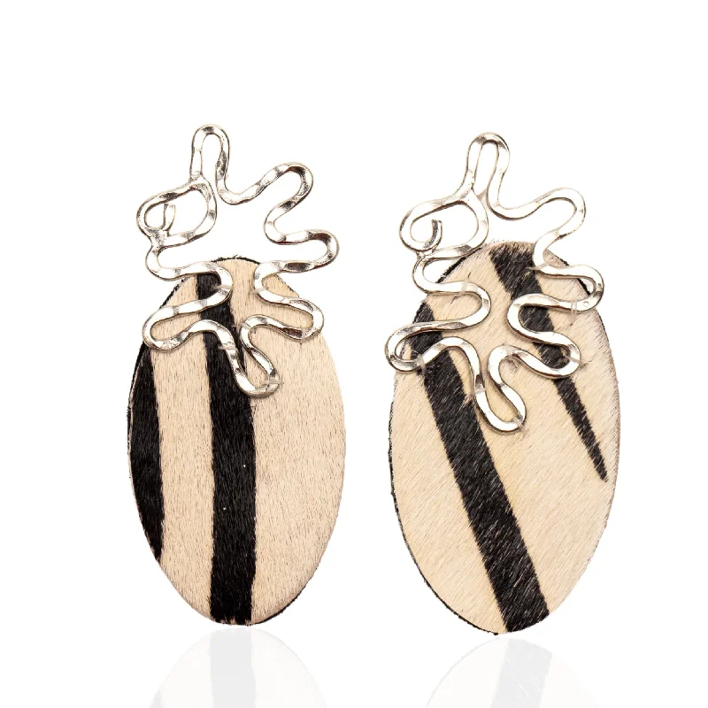 Asili Leather Mohair Statement Earrings - Zebra / Wired Silver