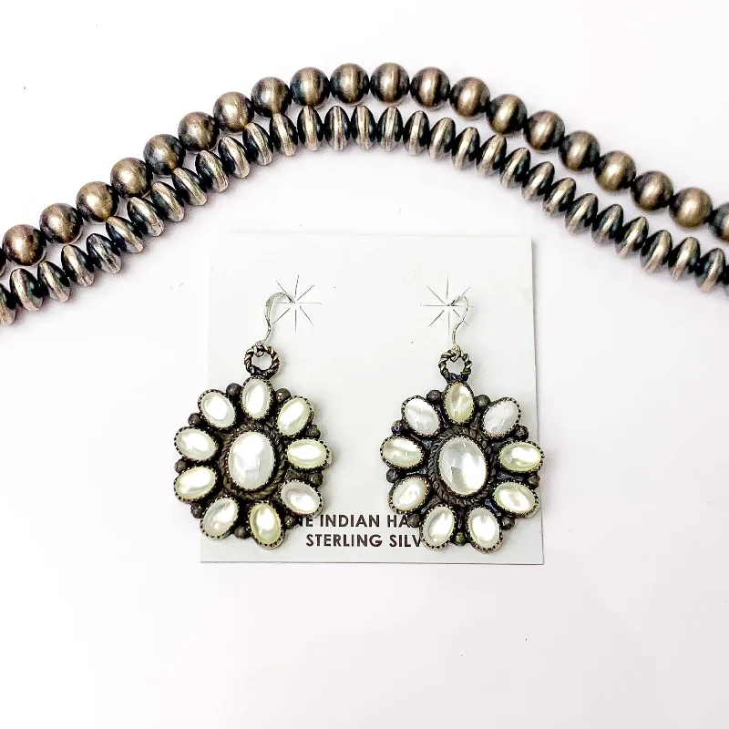 Daniel Benally | Navajo Handmade Sterling Silver Flower Dangling Cluster Earrings with White Water Pearl Stones