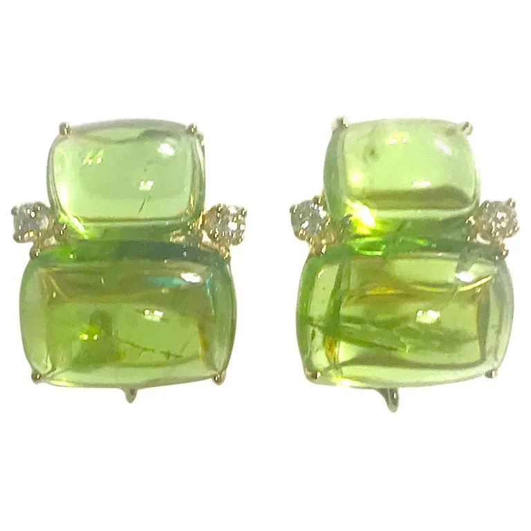 18Kt Yellow Gold Cushion Cut Cabochon Peridot Earrings with Diamonds