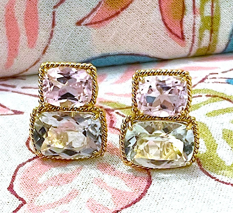 18kt Yellow Gold Medium Double Cushion Cut Earring with Rope Twist Border with Kunzite and Green Amethyst