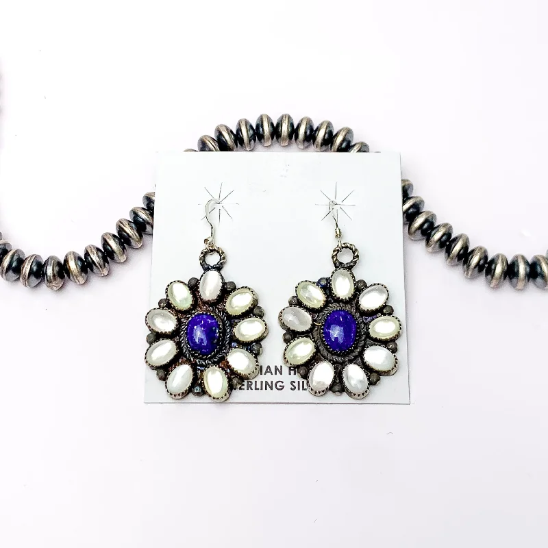 Daniel Benally | Navajo Handmade Sterling Silver Flower Dangling Cluster Earrings with White Water Pearl and Dark Lapis Stones