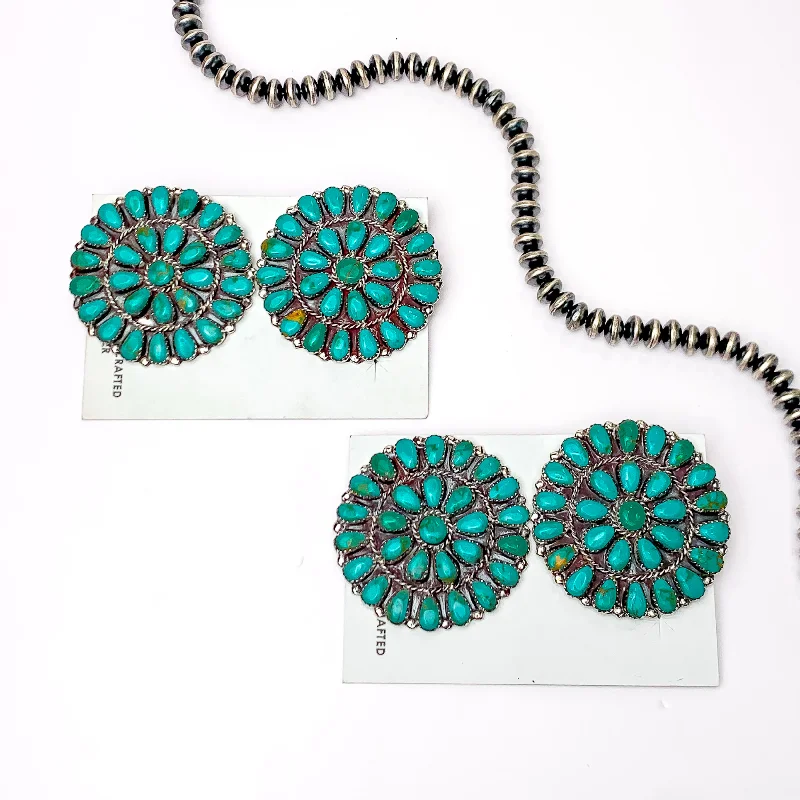 Danny L. Wauneka | Navajo Handmade Sterling Silver Post Earrings with Turquoise Cluster