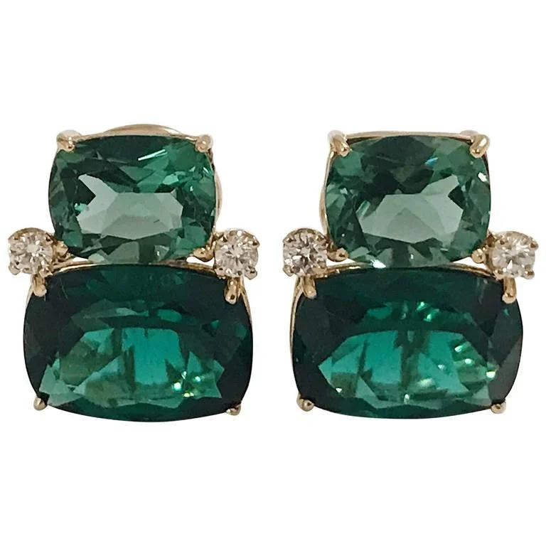 Double Cushion Green Amethyst Stone Diamond Yellow Gold Earrings