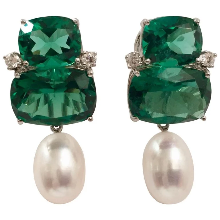 Double Cushion Green Amethyst Stone Earrings with Detachable Pearls