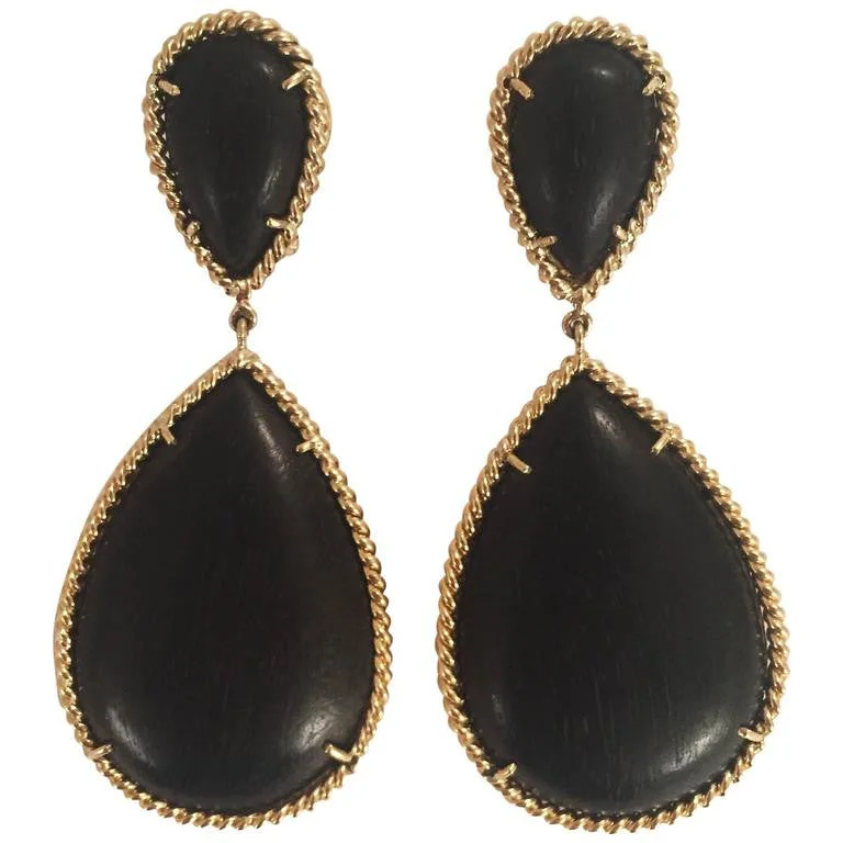 Elegant Ebony Wood Drop Earring with Twisted Gold Border