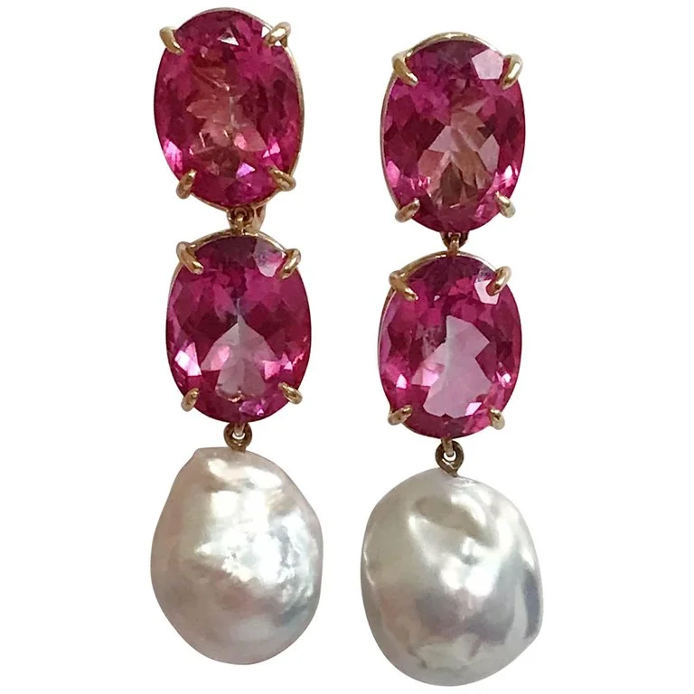 Elegant Three-Stone Drop Earring with Pink Topaz and Baroque Pearl