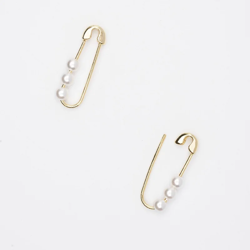 Elle Pearl and Gold Safety Pin Earrings