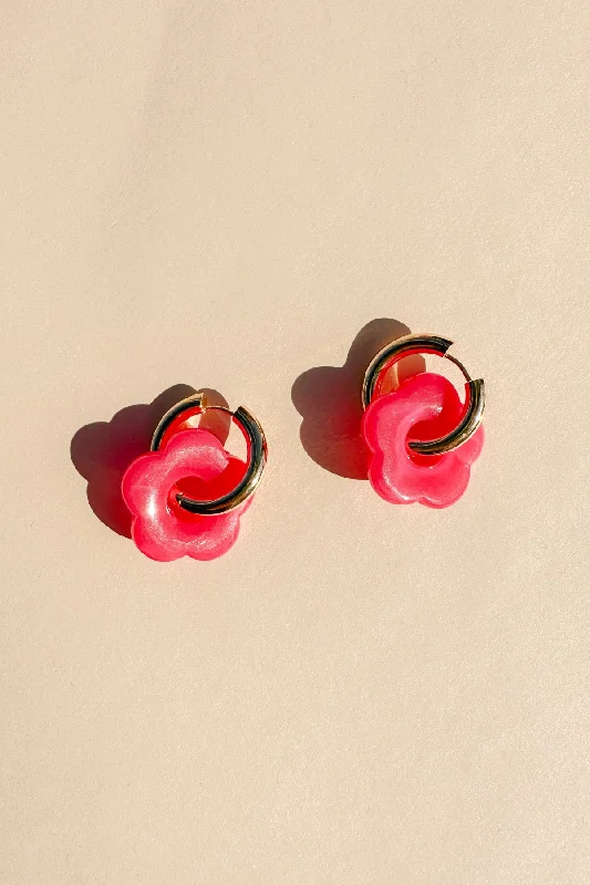 Gold Flower Hoop Earrings in Bubblegum