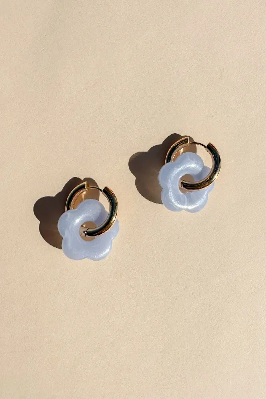 Gold Flower Hoop Earrings in Gray Blue