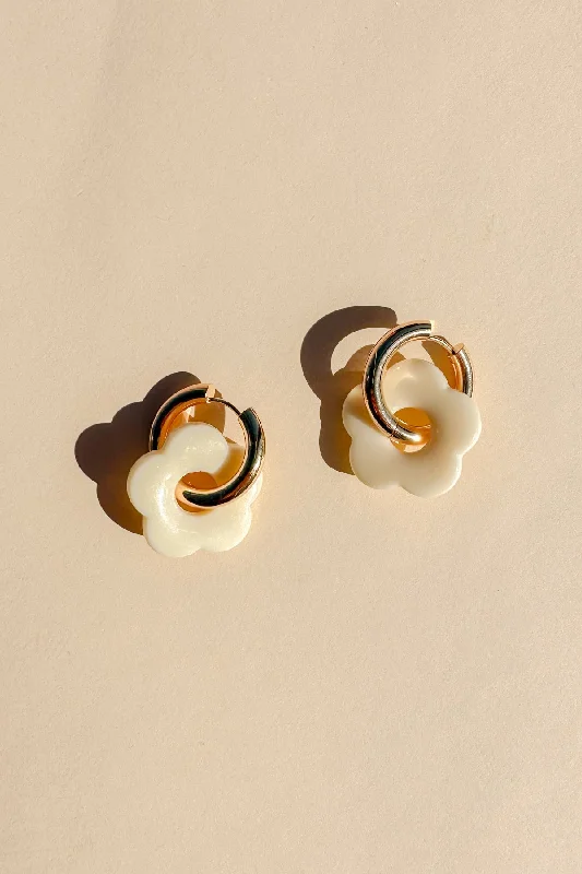 Gold Flower Hoop Earrings in White