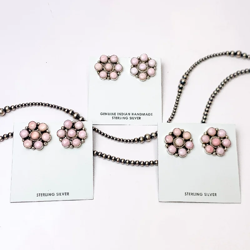 Maxine Ramirez | Navajo Handmade Sterling Silver Flower Cluster Earrings with Pink Conch Stones