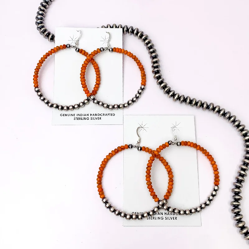 Navajo | Navajo Handmade Sterling Silver Navajo Pearl Hoop Earrings with Orange Beads