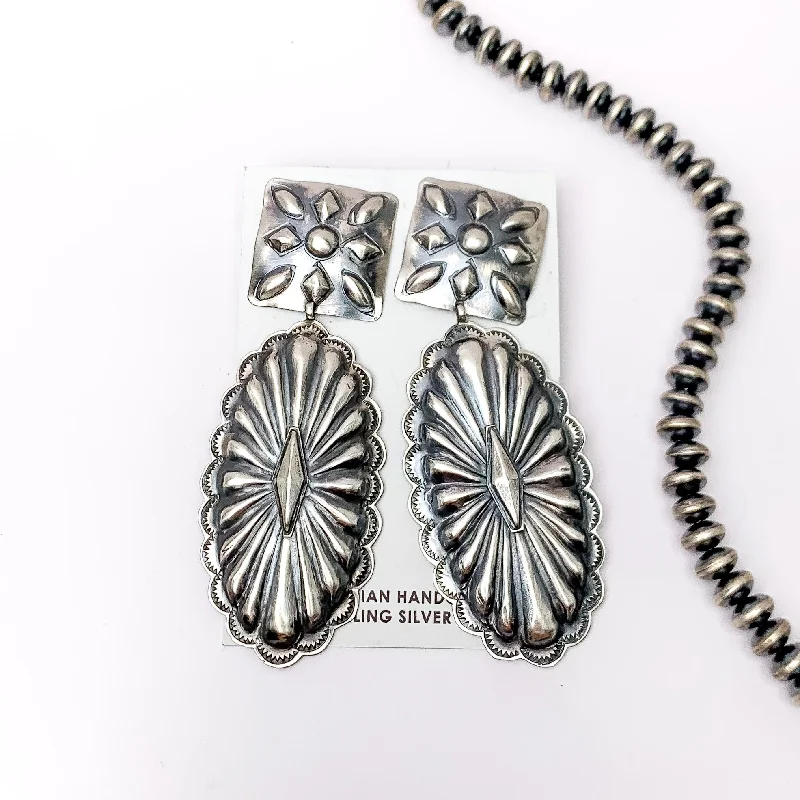 Robert Livingston | Navajo Handmade Sterling Silver Square Concho Post Earrings with Oval Concho Dangle