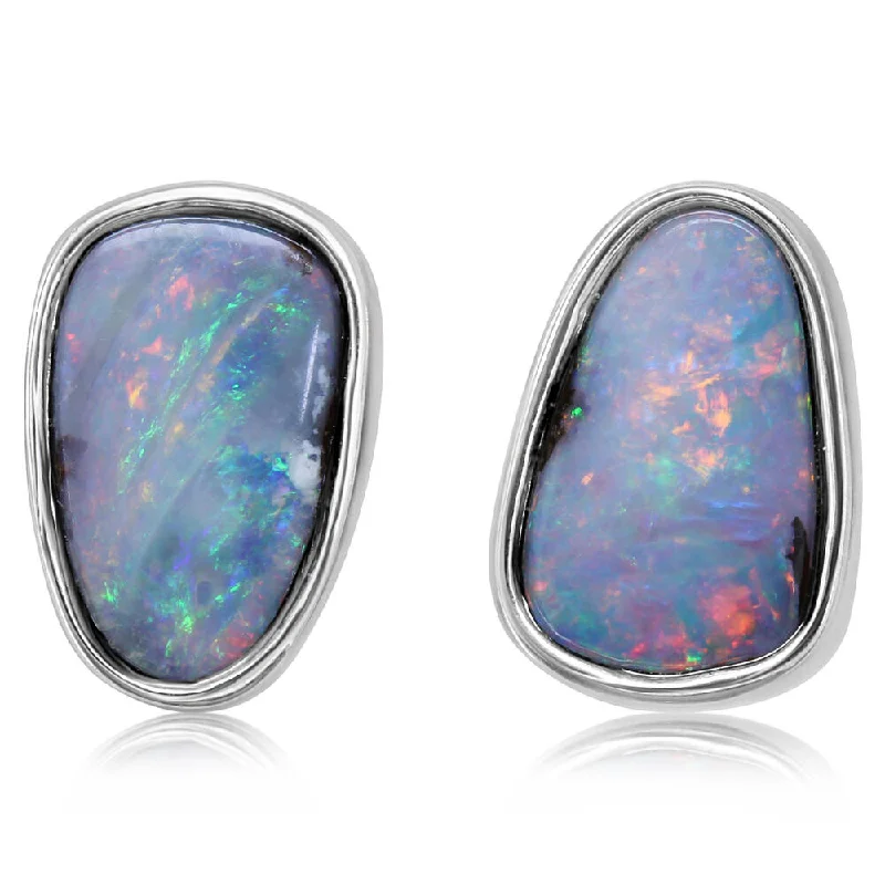 Sterling Silver Boulder Opal Small Plain Bezel Earrings