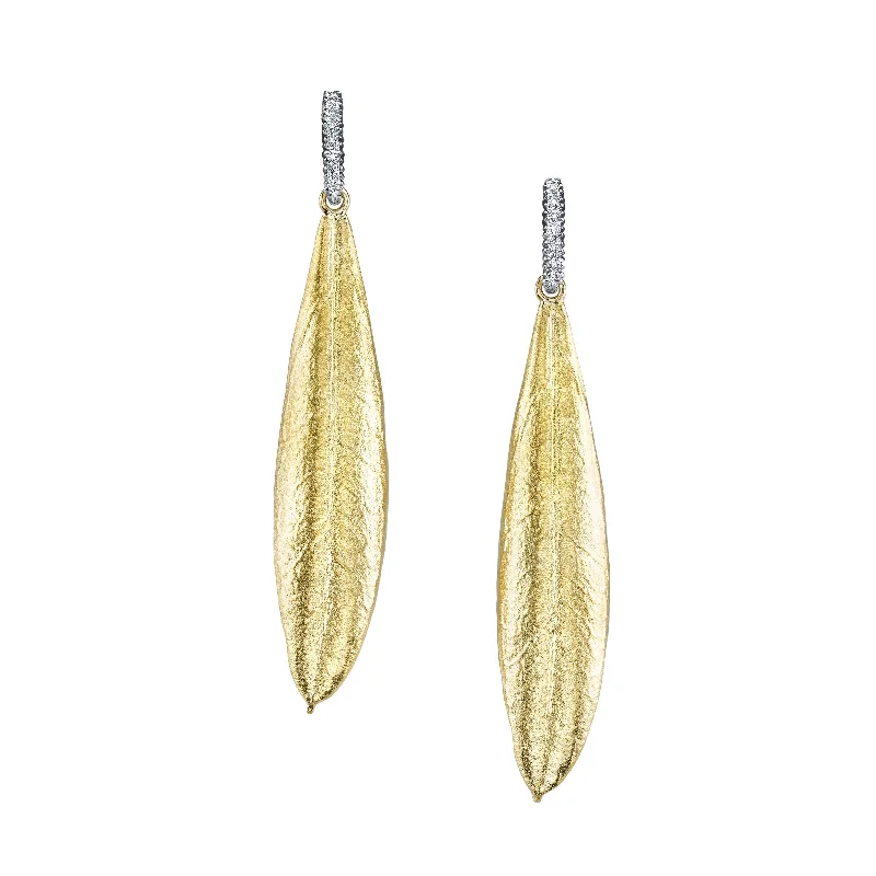 Yellow Gold & Diamond Earrings - "Athena Olive Leaves"