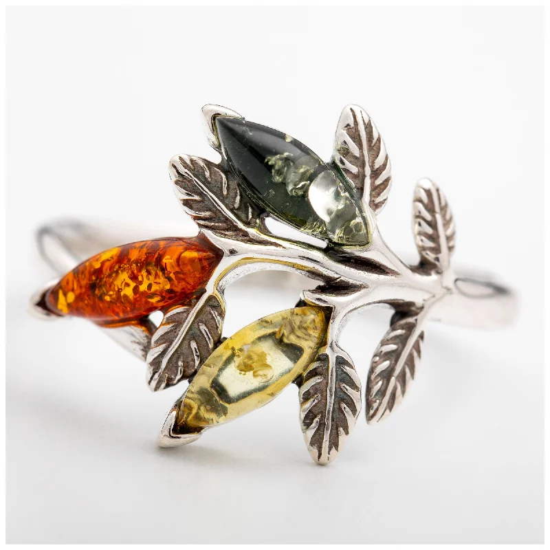 Leaves of Amber & Sterling Ring