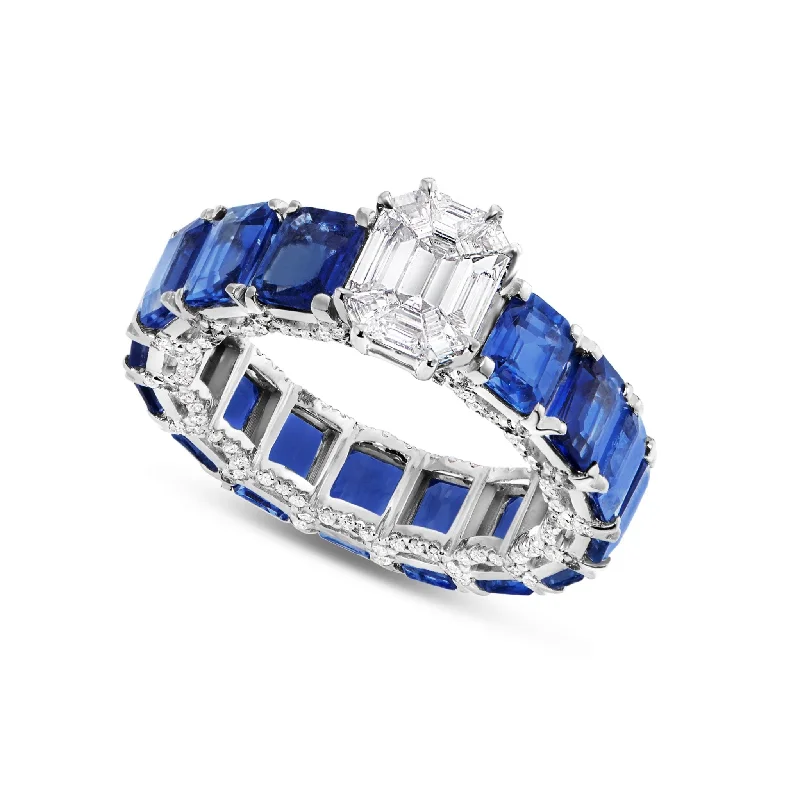 10K White Gold 1.5ct Blue Sapphire Emerald Eternity Ring