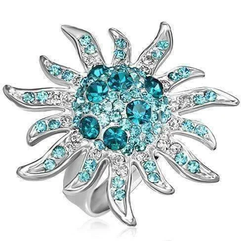 Blue Starburst Adjustable Stainless Steel Austrian Crystal Cocktail Ring