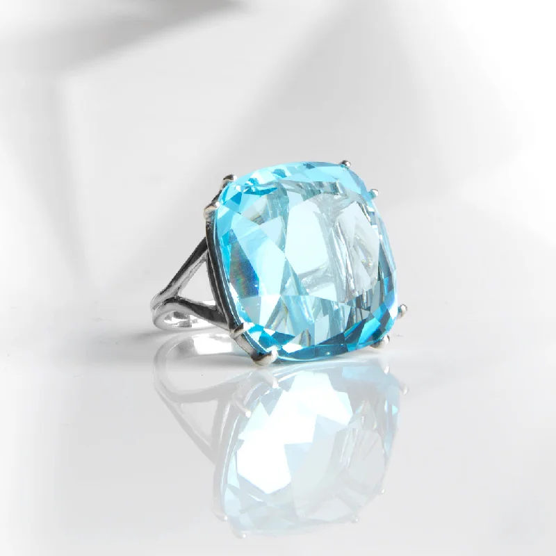 Blue Topaz Cocktail Ring, 34 Carat Cushion Cut, Sterling