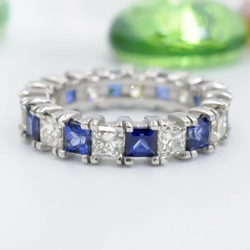 Brilliant 4.70CT Princess cut Diamonds and Blue Sapphires Eternity Ring in Platinum