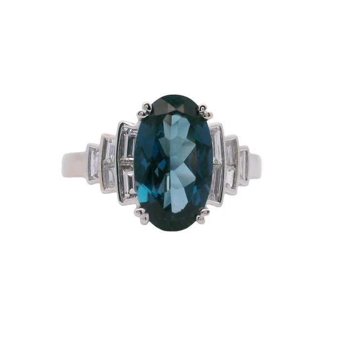 Charles Krypell Pastel Collection Ring with London Blue Topaz and Baguette Diamonds in 18K White Gold