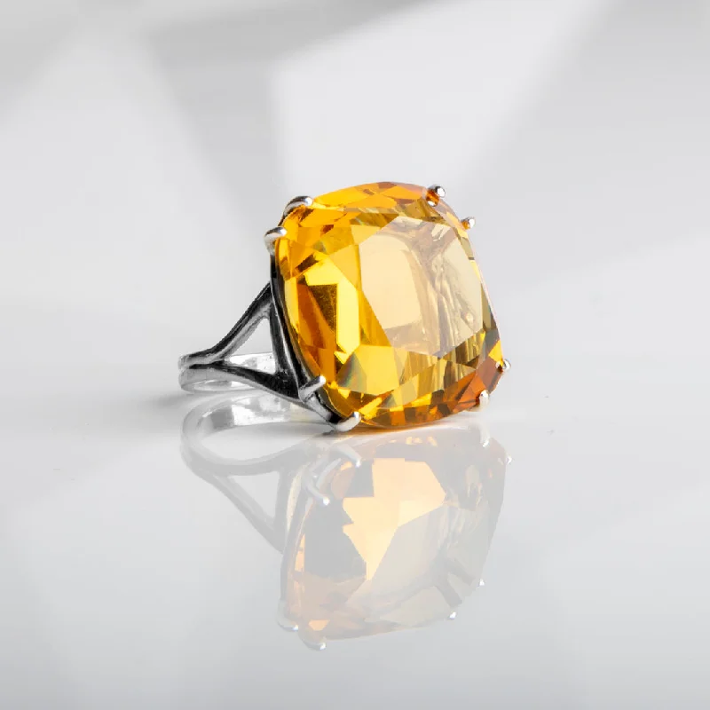 Orange Citrine Sterling Cocktail Ring, 34 Carat Cushion Cut