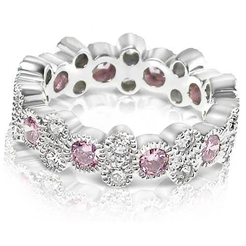 Classy 1.90CT Round Cut Diamond & Pink Sapphires Eternity Ring in 14KT White Gold