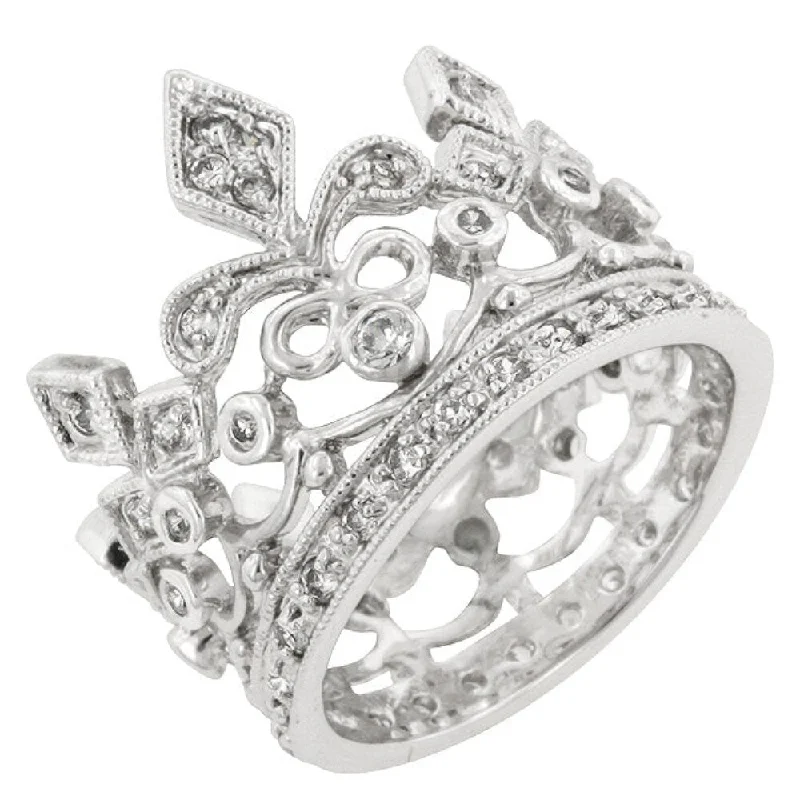 Cubic Zirconia Crown Eternity Ring With Rhodium Plated