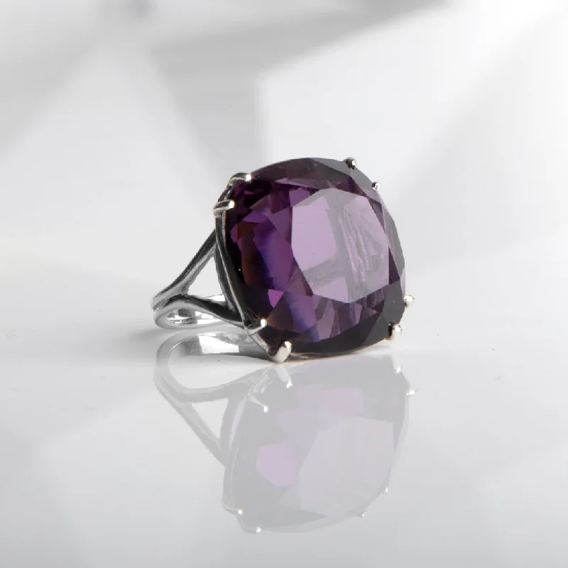 Dark Amethyst Sterling Cocktail Ring, 34 Carat Cushion Cut