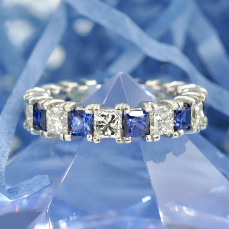 Exquisite 4.70CT Princess cut Diamonds and Blue Sapphires Eternity Ring in 18KT White Gold