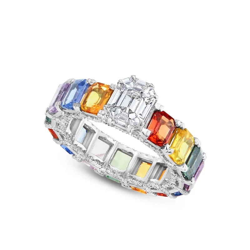 18K White Gold 1.25ct Rainbow Sapphire Emerald Cut Eternity Ring