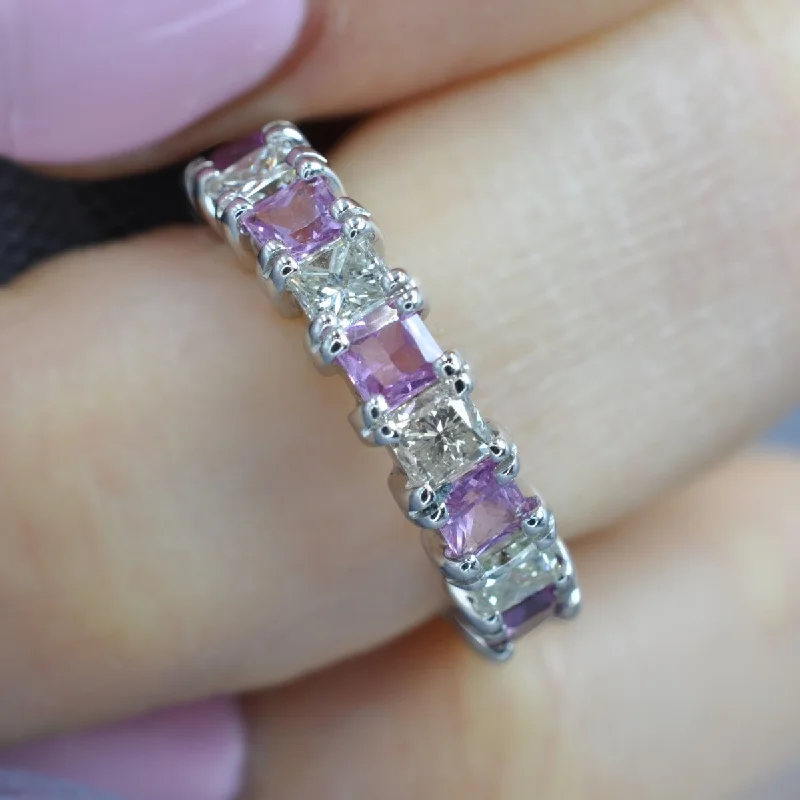 Certified 4.70CT Princess Cut Pink Sapphires & Diamond Eternity Ring in 14KT White Gold